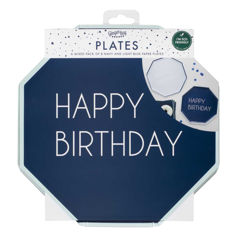 Des Assiettes En Carton Happy Birthday Bleu Marine Et Bleu