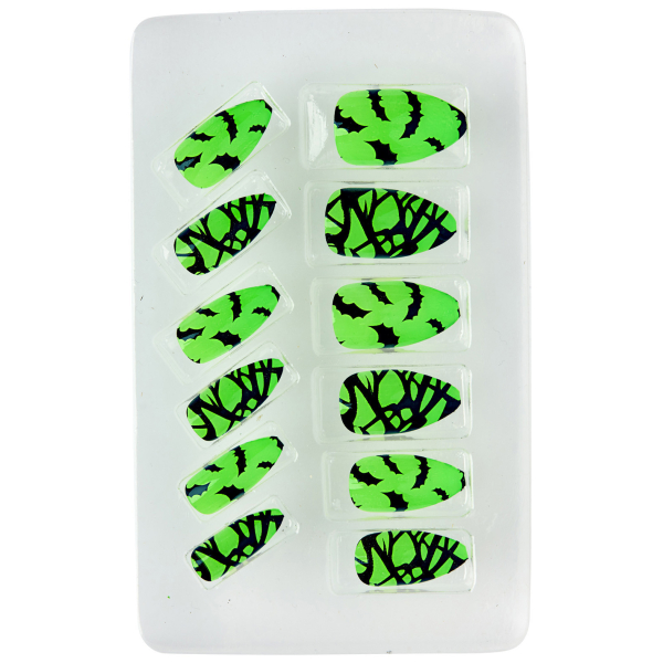 Faux ongles verts fluo chauve-souris auto-adhésifs - Lot de 12