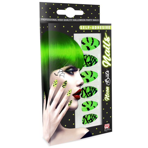 Faux ongles verts fluo chauve-souris auto-adhésifs - Lot de 12