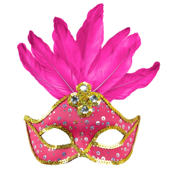 Masque loup néon rose brésil avec paillettes holographiques, pierres, bordure paillettes or et plumes