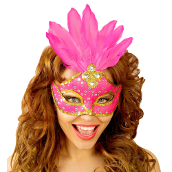 Masque loup néon rose brésil avec paillettes holographiques, pierres, bordure paillettes or et plumes