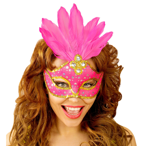 Masque loup néon rose brésil avec paillettes holographiques, pierres, bordure paillettes or et plumes