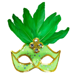 Masque loup néon vert brésil avec paillettes holographiques, pierres, bordure paillettes or et plumes