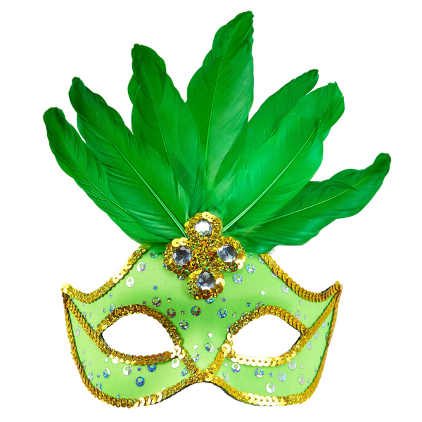 Masque loup néon vert brésil avec paillettes holographiques, pierres, bordure paillettes or et plumes