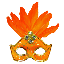 Masque loup néon orange brésil avec paillettes holographiques, pierres, bordure paillettes or et plumes