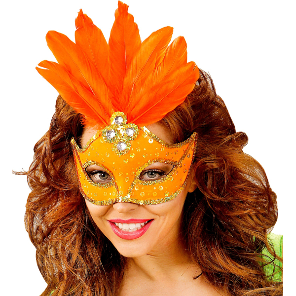 Masque loup néon orange brésil avec paillettes holographiques, pierres, bordure paillettes or et plumes