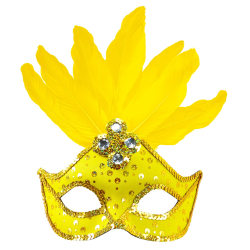 Masque loup néon jaune brésil avec paillettes holographiques, pierres, bordure paillettes or et plumes