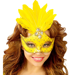 Masque loup néon jaune brésil avec paillettes holographiques, pierres, bordure paillettes or et plumes